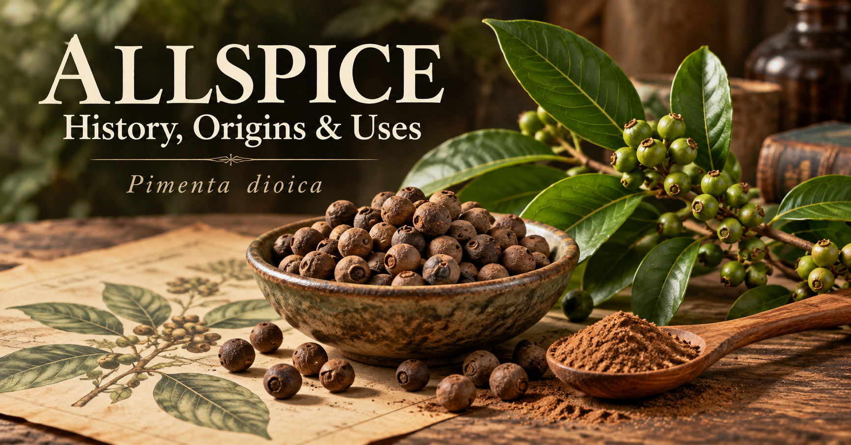 Dried allspice berries and ground allspice beside a Pimenta dioica branch with green berries.